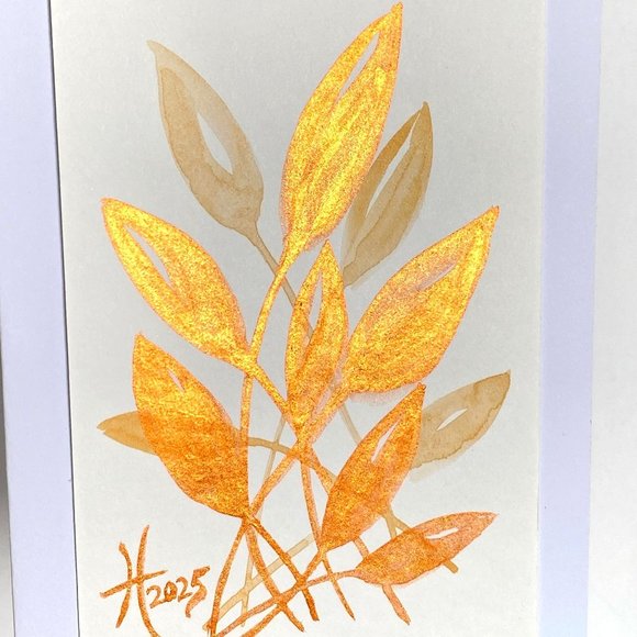 Funky Leaves Orange Original Watercolor Art Painting Handmade Greeting Card - Picture 2 of 5